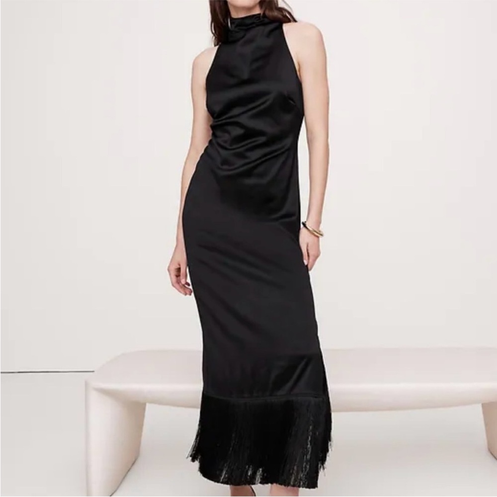 Banana Republic Black Satin Dress with fringe bottom